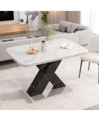 Modern Rectangle Dining Table, Stretchable, Marble Top, X-Shape Leg