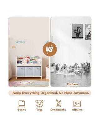 Kids Bookshelf with 3 Tier Storage & 3 Fabric Bins, Wooden Toddler Bookcase