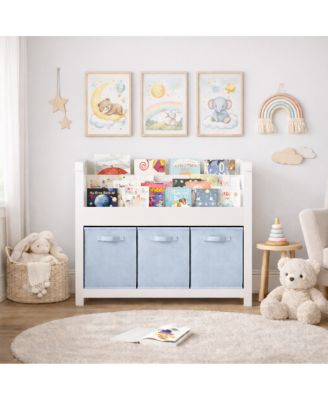 Kids Bookshelf with 3 Tier Storage & 3 Fabric Bins, Wooden Toddler Bookcase