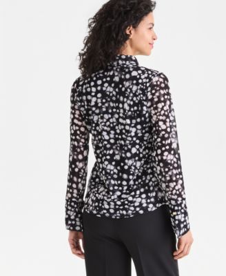 Women's Long-Sleeve Printed Mesh Collared Top
