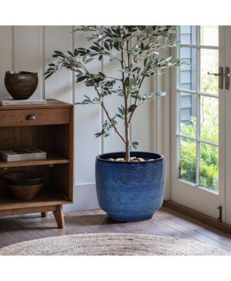 15.75-Inch Round Ceramic Planter, Deep Blue Glaze with Basket Texture