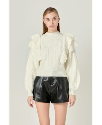 Women's Cable Knit Ruffled Sweater