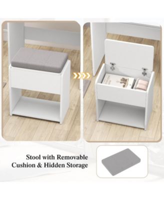 Vanity Desk Set with Mirror & Lights Power Outlet Cushioned Stool