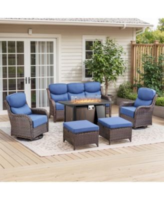 Crescent Brown Wicker Fire Pit Conversation Set with Olefin 6 In. Thick Cushions Patio Swivel Chairs (7-Piece)