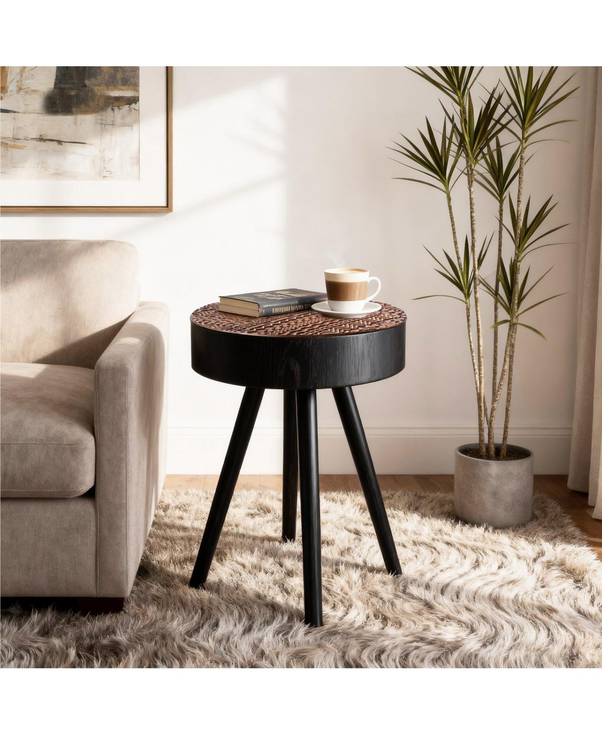 Streamdale Furniture Round Coffee Table with Carved Top, Small Accent Nightstand