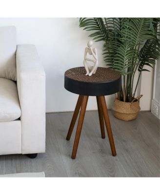 Round Coffee Table with Carved Top, Small Accent Nightstand