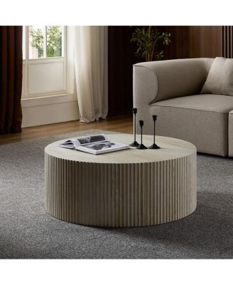 Faux travertine Round Coffee Table with Eye-Catching Relief Design, Travertine