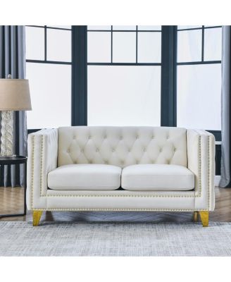  Velvet Sofa with Tufted Square Arms and Metal Legs- 2 Seater