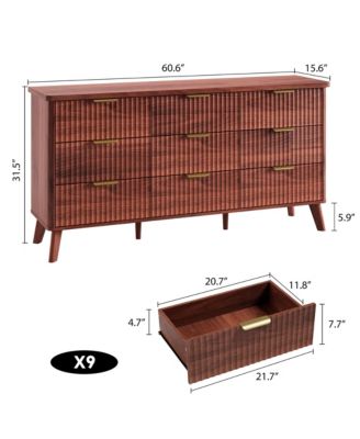 Fluted Dresser for Bedroom, 9 Deep Drawer Modern Wood Storage Chest