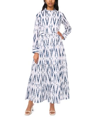 Women's Self Belt Long-Sleeves Maxi Dress