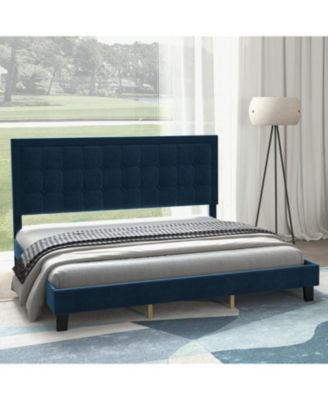 Bed Frame with Upholstered Button Tufted Headboard - Blue Bed Frame with Wood Slat Support, No Box Spring Needed - Sturdy Metal Foundation
