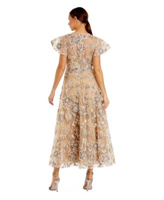 Women's Embroidered Floral Mesh A-Line Midi Dress