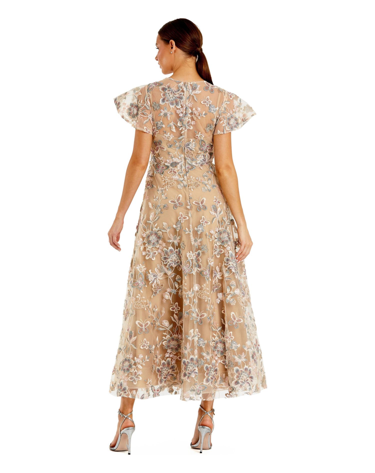 Women's Embroidered Floral Mesh A-Line Midi Dress