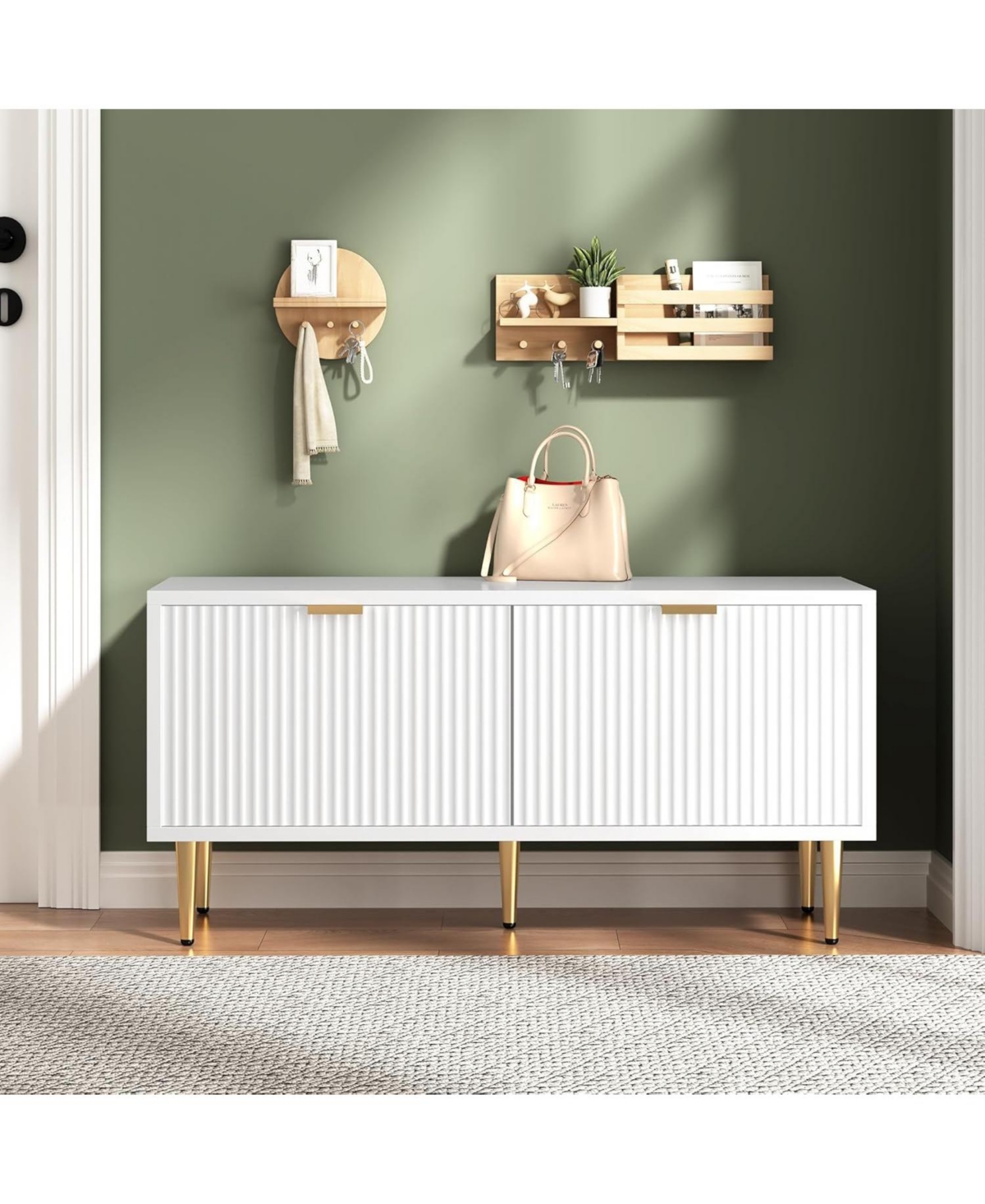 gaomon Shoe Storage Cabinet, Fluted Entryway Bench with 2 Doors for Hallway & Living Room, White