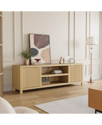 Fluted TV Stand for 80 Inch TV, Modern Entertainment Center with Storage & Gold Handles, Beige/Khaki