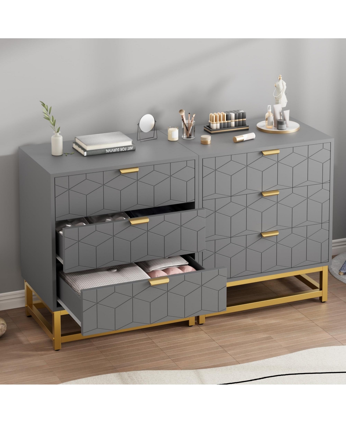 gaomon 3 Drawer Dresser with Metal Legs, Wood Storage Chest Organizer for Bedroom, Living Room, Hallway, Grey