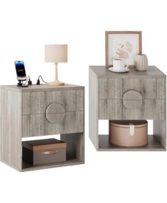 Nightstand Set of 2 with Charging Station, Fluted 2-Drawer End Tables with Open Storage for Bedroom, Grey