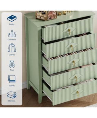 43" Tall Fluted Dresser, 5 Drawer Modern Wood Storage Chest for Living Room or Entryway, Green