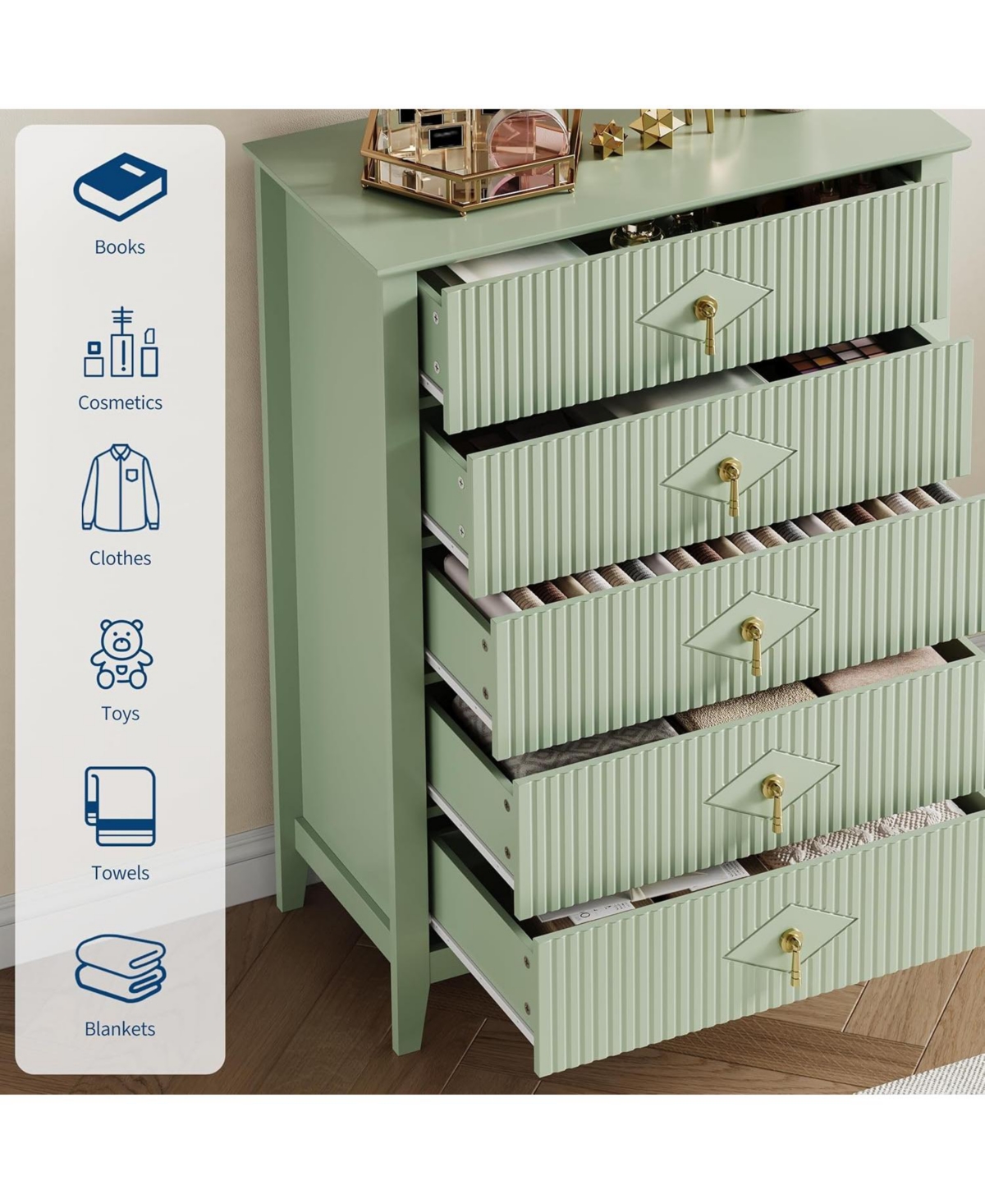 gaomon 43" Tall Fluted Dresser, 5 Drawer Modern Wood Storage Chest for Living Room or Entryway, Green