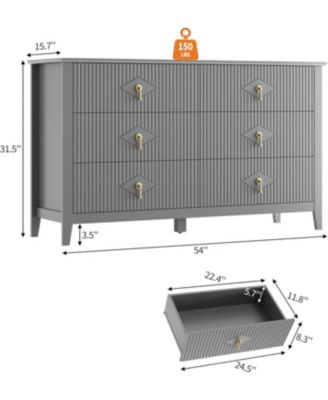 54" Wide Fluted Dresser, 6 Drawer Modern Wood Storage Chest for Bedroom or Entryway, Grey