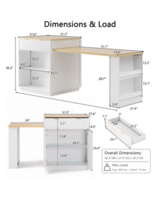Fluted Kitchen Island with Extendable Dining Table, Power Outlet & Storage