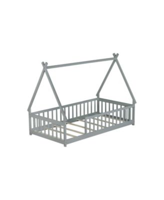 Twin Tent-shaped Floor Bed, Teepee Bed with Guardrails, Slats