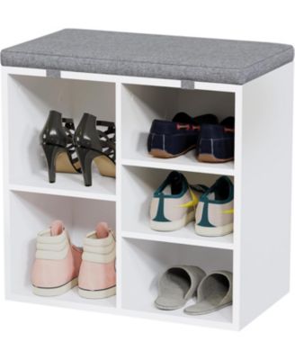 Entryway Shoe Bench with Storage and Cushioned Seat, Wooden Shoe Rack with Adjustable Shelves and Side Pockets
