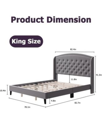 King Size Bed Frame, Soft Velvet Upholstered Platform Bed Frame with Wingback Headboard and Button Tufted Design, Wood Slat Support, (Gray