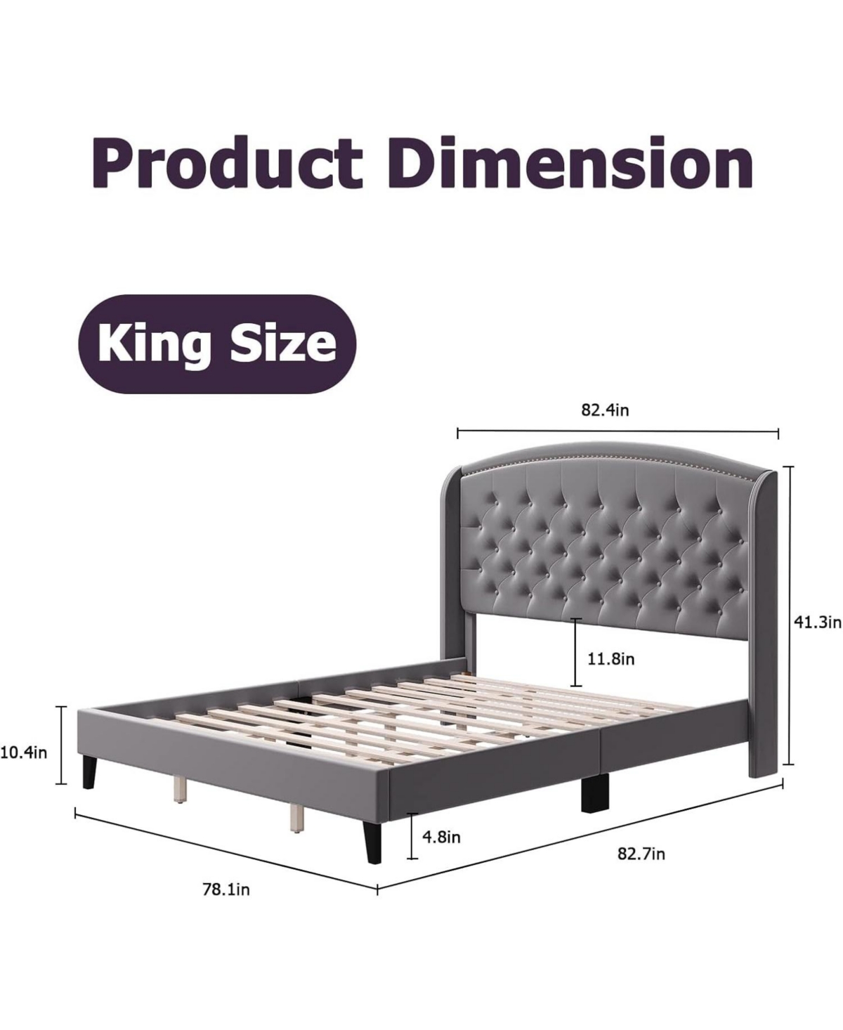 gaomon King Size Bed Frame, Soft Velvet Upholstered Platform Bed Frame with Wingback Headboard and Button Tufted Design, Wood Slat Support, (Gray