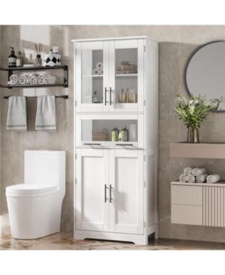 67" Tall Bathroom Storage Cabinet with Glass Doors, Adjustable Shelf & Drawer for Small Spaces, White