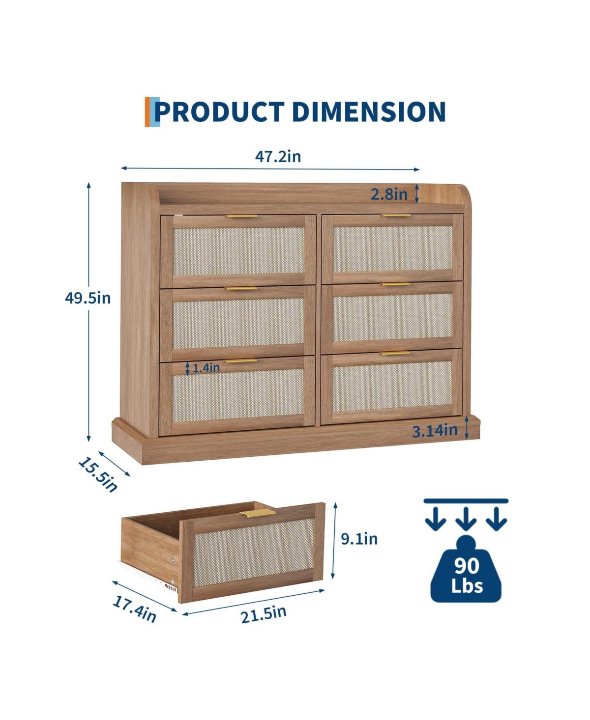 gaomon 6-Drawer Rattan Dresser for Bedroom, 47.2" Wide Wooden Chest with Ample Storage, Beige