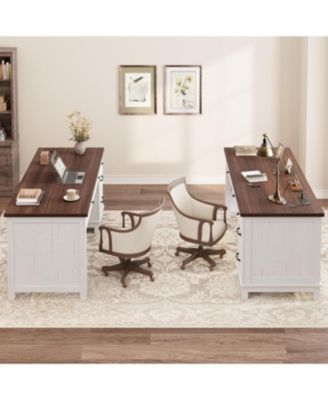 53.5" Farmhouse Executive Desk with File Drawers, Charging Station & Storage for Home Office, White