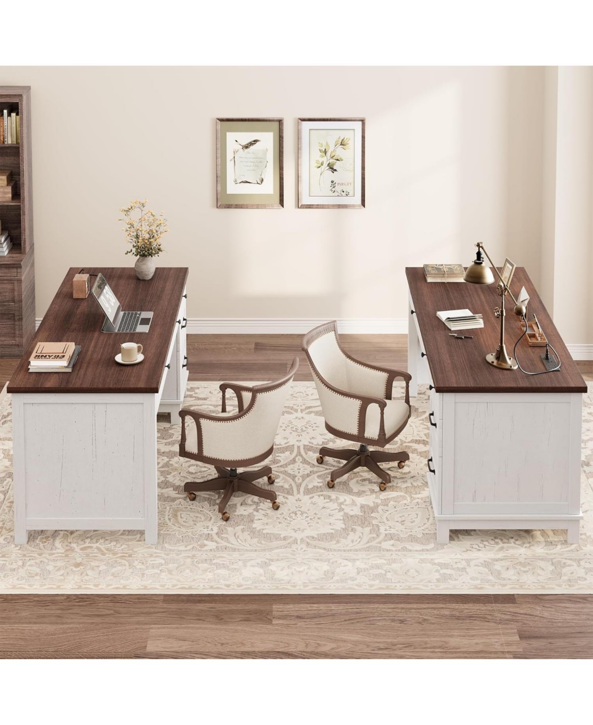 gaomon 53.5" Farmhouse Executive Desk with File Drawers, Charging Station & Storage for Home Office, White