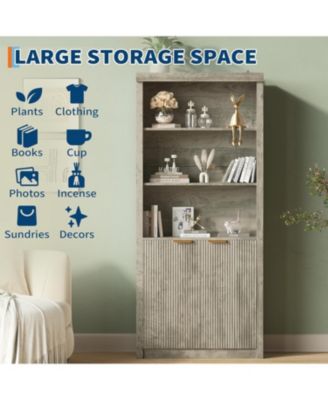 5-Tier Bookcase with Storage Cabinet & Adjustable Shelf, Mid-Century Modern Bookshelf for Home Office, Grey