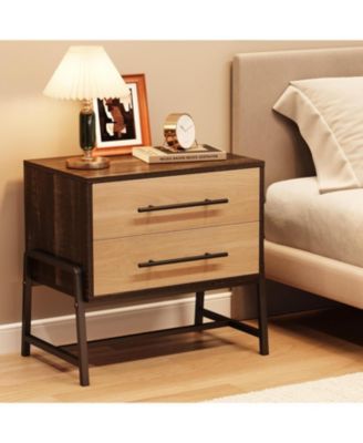 Farmhouse Nightstand with Drawers, Light Wood Side Table with Metal Legs, Bedside Storage Table, Dark Brown