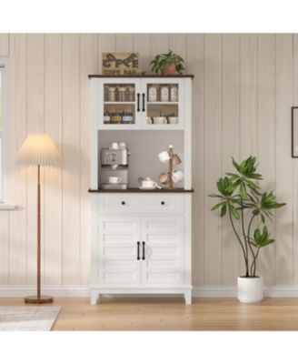 72" Farmhouse Coffee Bar Cabinet, Buffet Sideboard with Storage Drawers and Glass Doors for Kitchen or Dining Room, White