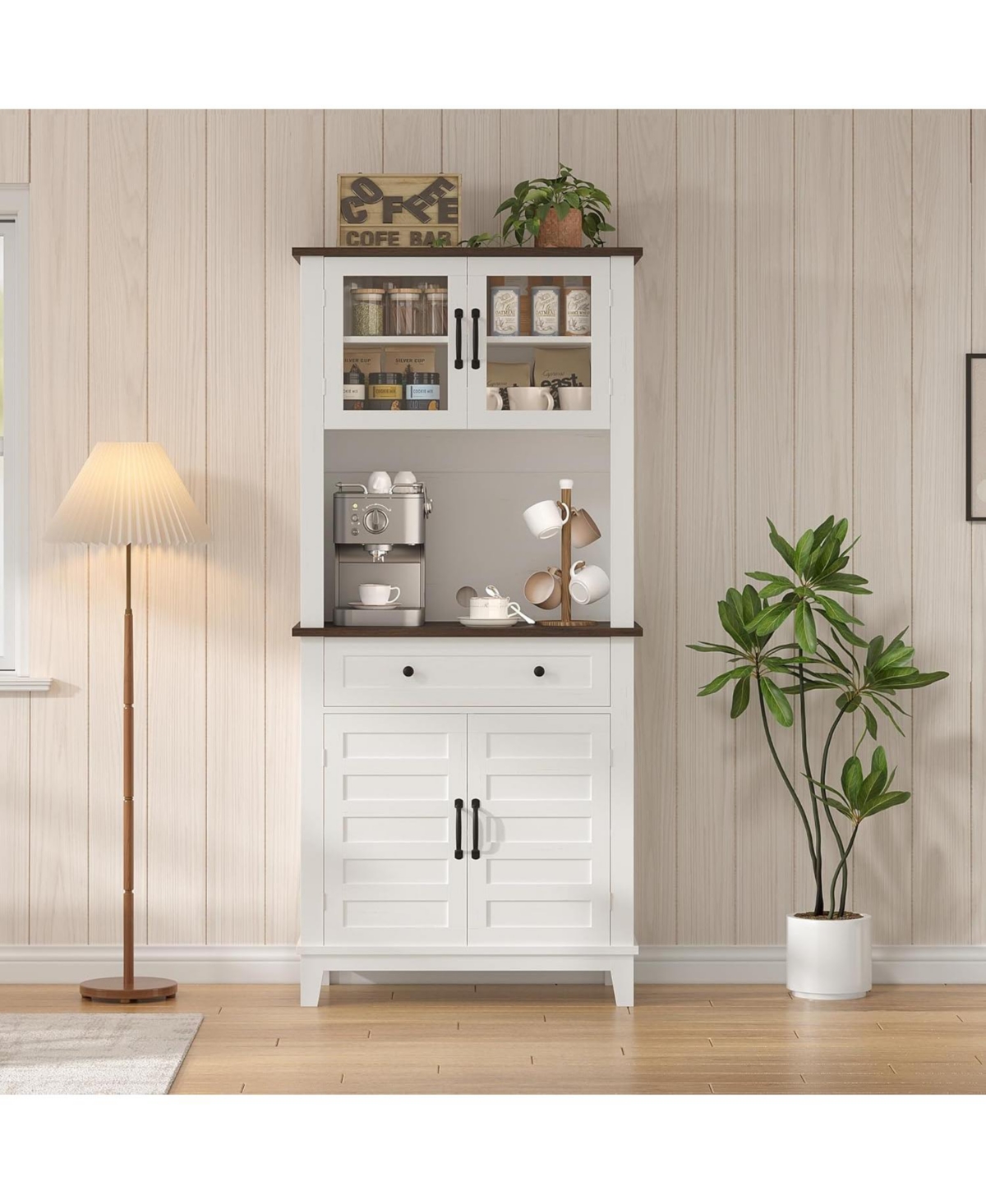 gaomon 72" Farmhouse Coffee Bar Cabinet, Buffet Sideboard with Storage Drawers and Glass Doors for Kitchen or Dining Room, White