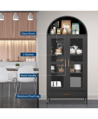 73" Tall Metal Arched Cabinet, Modern Kitchen Pantry with Glass Door, Adjustable Shelves and Drawers, Black
