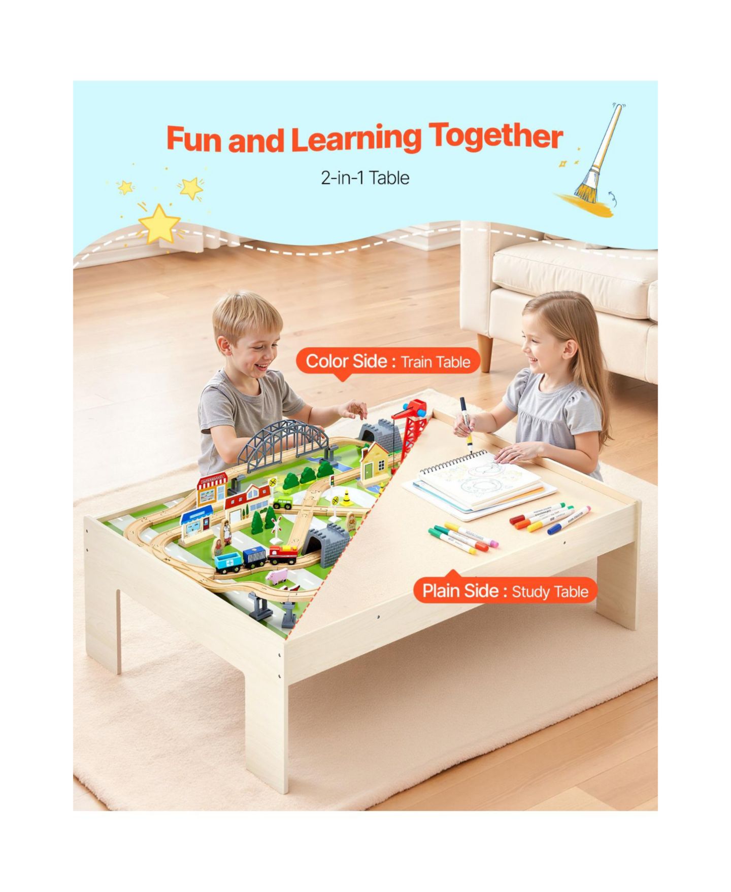 Детские игрушки Slickblue Train 120-Piece Wooden Activity Table with Collapsible Storage, цвет: Натуральный — фото 9