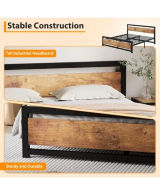 14 Inch Heavy Duty Industrial Metal Platform Bed Frame with Wooden Headboard - King