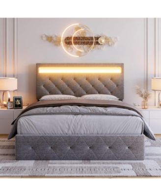 Size Bed Frame with RGB LED Lights and Charging Station, Upholstered Platform Bed with Adjustable Headboard - Queen