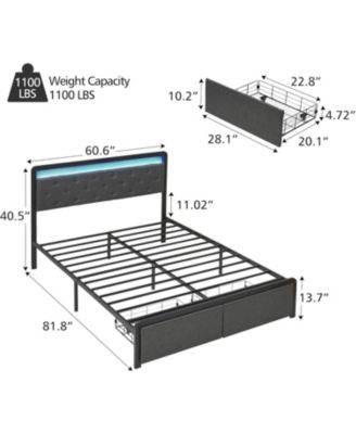 Queen Upholstered Bed Frame with LED Lights & 2 Storage Drawers &acirc;€“ Metal Platform, Tufted Headboard, Grey