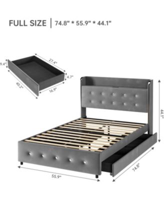 Full Size Bed Frame, Upholstered Platform Bed Frame with Trundle and 4 Storage Drawers, Bed Frame with Diamond Tufted Headboard, Grey