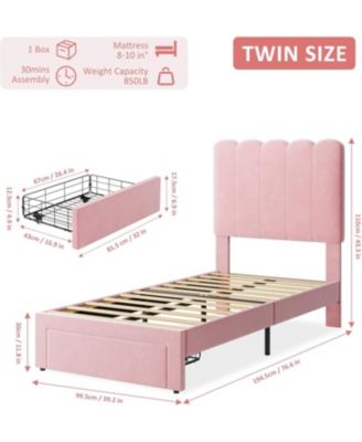Twin Bed Frame with Drawer, Velvet Upholstered Platform Bed with Wave Headboard for Kids/Girls, Wooden Slats Support, No Box Spring Needed