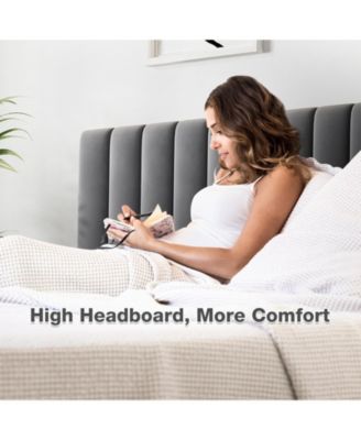 Size Bed Frame with Headboard, Velvet Upholstered Platform Bed Frame with Adjustable Headboard and Wooden Slats Support, Dark Grey - Queen