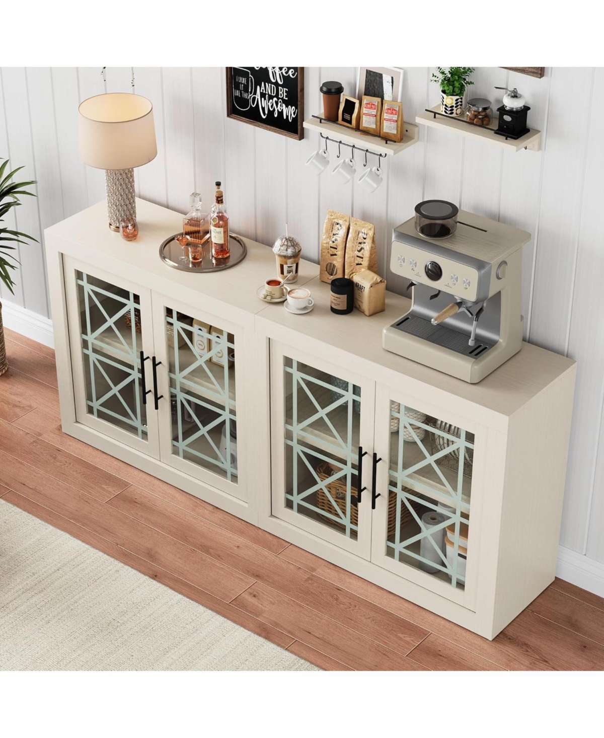 gaomon Buffet Sideboard Cabinet with Storage, Modern Coffee Bar Cabinet with 4 Glass Doors