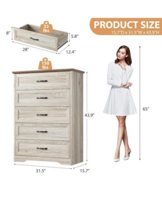 5-Drawer Tall Dresser for Bedroom, Farmhouse Wooden Chest with Wide Metal Handles, Storage Organizer