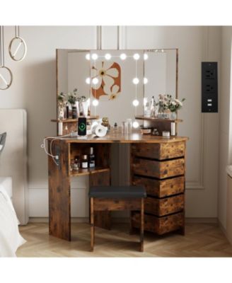 Corner Makeup Vanity Desk with Lights and Power Outlet, Rotating Drawers and Adjustable Shelves