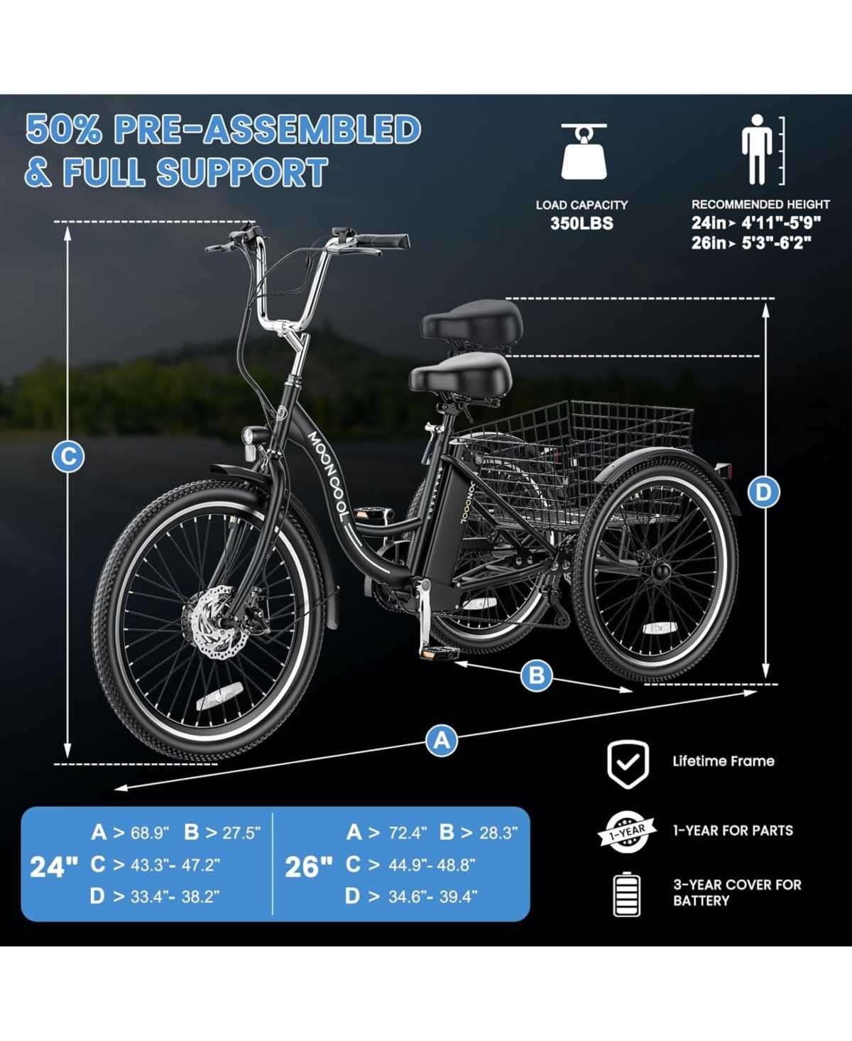 Mooncool 350W Electric Tricycle for Adults