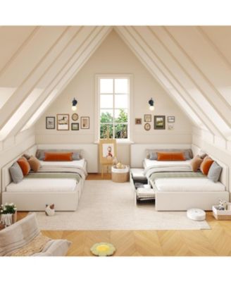 Twin Daybed with storage drawers, velvet upholstered corner bed with headboard, modern kids bed with rails for living room or bedroom.